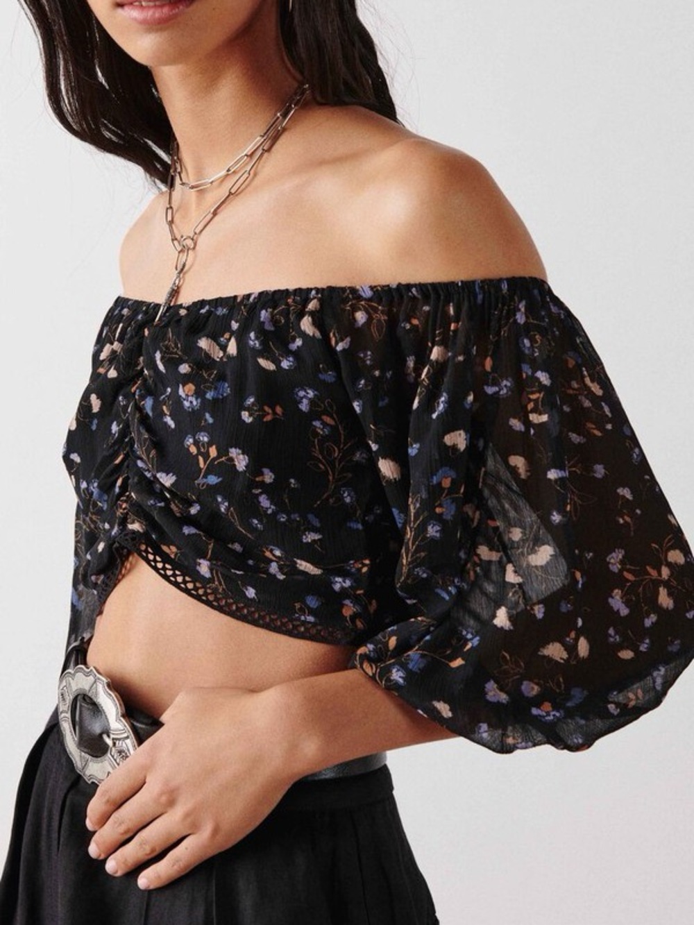 ba&sh Black Floral Off-the-Shoulder Crop Top